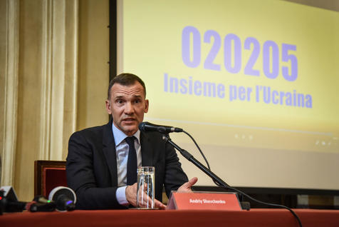 Milan Mayor Giuseppe Sala (unseen) and former AC Milan and Ukrainian national soccer player Andrij Shevchenko attend a press conference to present the "Together for Ukraine" project, in Milan, Italy, 14 April 2022.
ANSA/ MATTEO CORNER