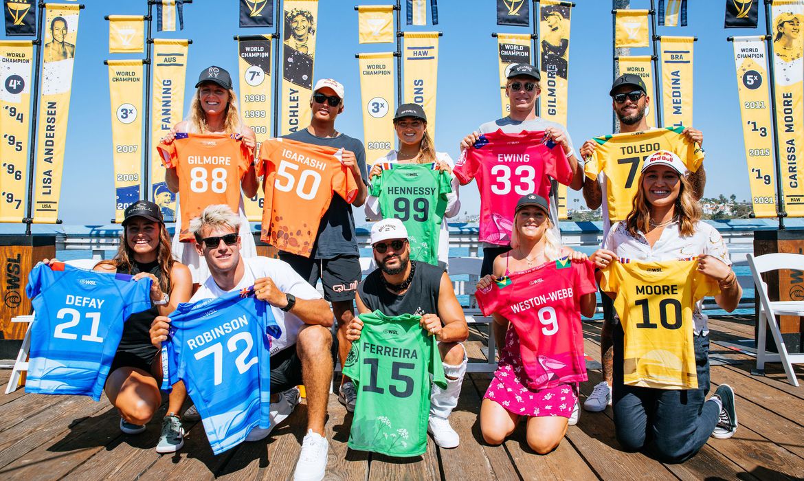 SAN CLEMENTE, CALIFORNIA -SEPTEMBER 6: WSL Final 5 Men and Women at the press conference prior to the commencement of the Rip Curl WSL Finals on September 6, 2022 at San Clemente, California. (Photo by Beatriz Ryder/World Surf League