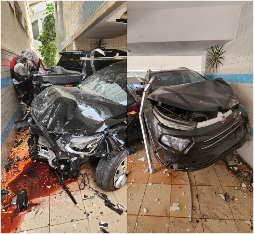 Motorista perde o controle do carro e invade prédio em Praia Grande; vídeo