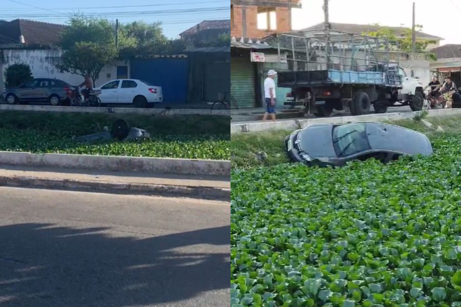 Motorista é socorrido após cair com carro em canal de São Vicente; Vídeo