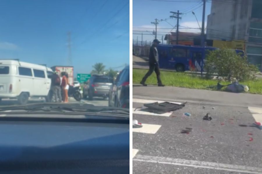 Mulher sofre fratura na perna após colisão entre carro e kombi em rodovia de Mongaguá