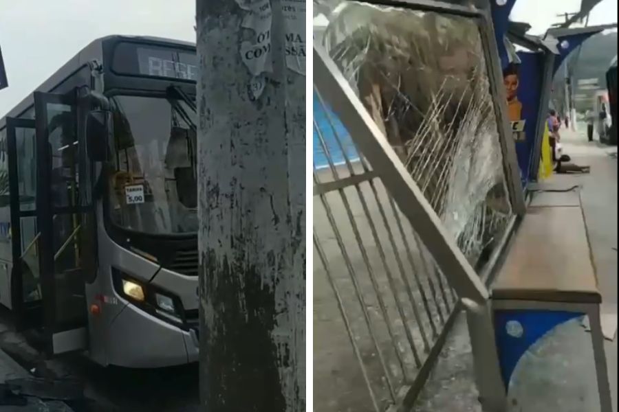 Mulher é ferida por estilhaços após ônibus colidir contra ponto em Guarujá; VÍDEO