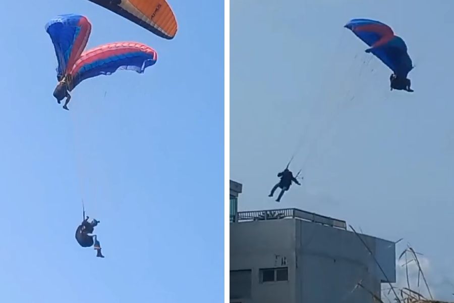 Imagens mostram o momento em que paragliders se enroscam no céu, em Guarujá; VÍDEO