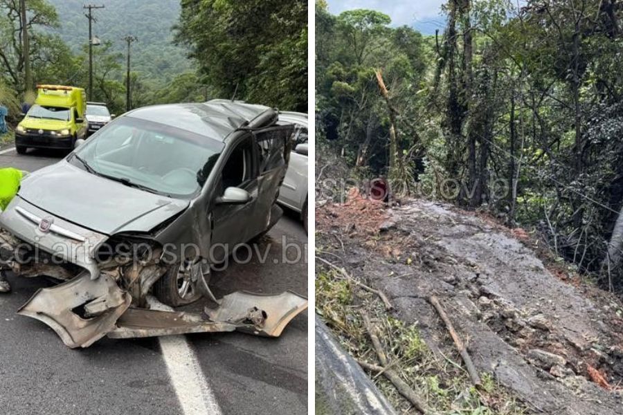 Caminhão perde o freio, bate em dois carros e cai em ribanceira na Anchieta