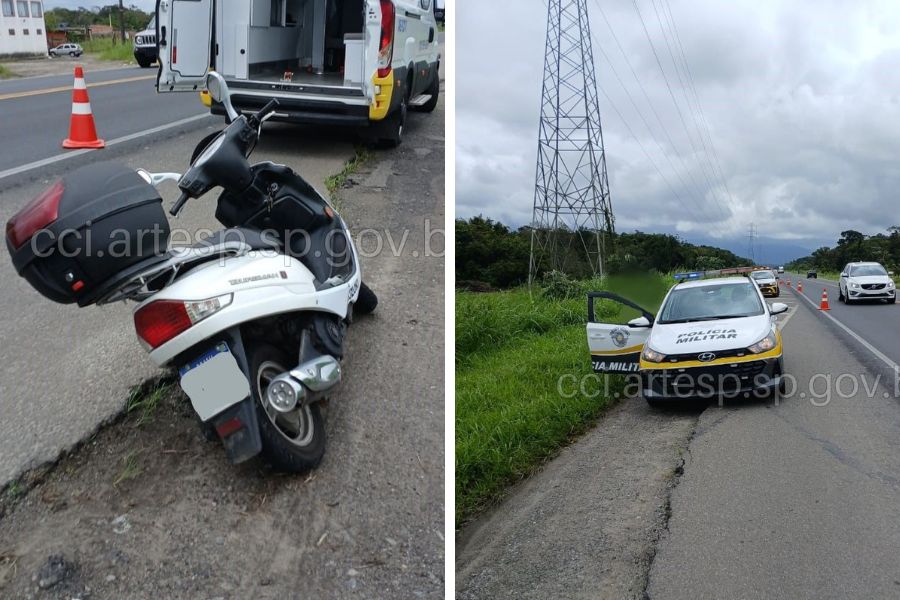 Motociclista tomba após pneu da moto furar em rodovia de Peruíbe