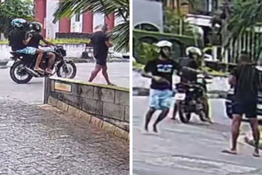 Câmera flagra dupla em moto assaltar pedestre à mão armada em Guarujá; VÍDEO