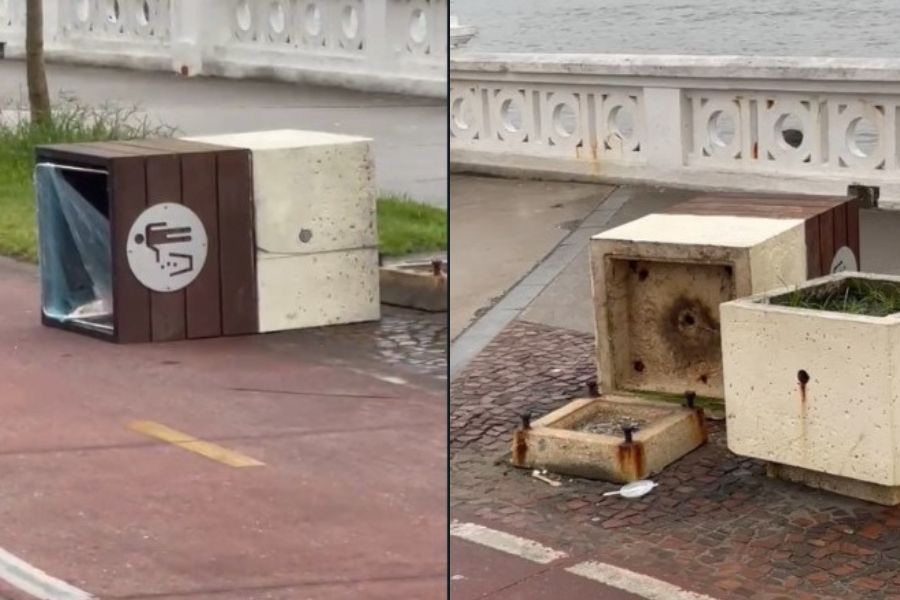 Grupo vandaliza e depreda lixeiras na Ponta da Praia em Santos