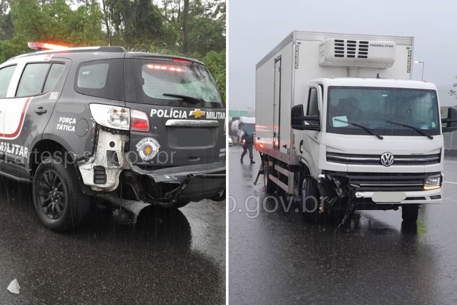 Viatura aquaplana e colide com caminhão na rodovia em Cubatão