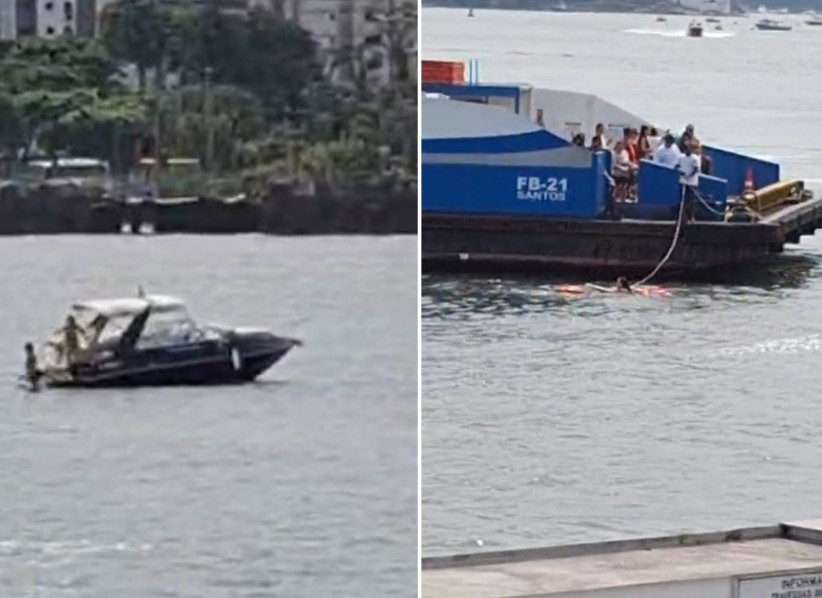 Dupla pula de lancha para fugir de colisão com navio no Canal do Porto de Santos; VÍDEO