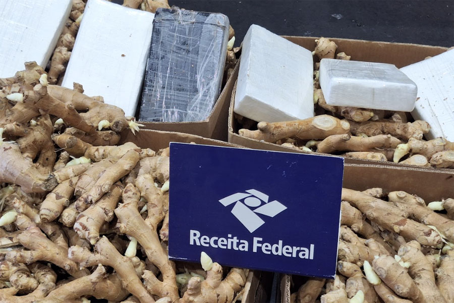 Receita apreende mais de 220 kg de cocaína escondidos em carga de gengibre congelado