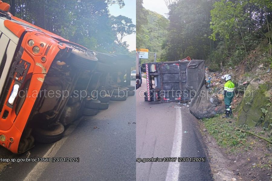 Caminhão de sucata perde controle e tomba na Anchieta