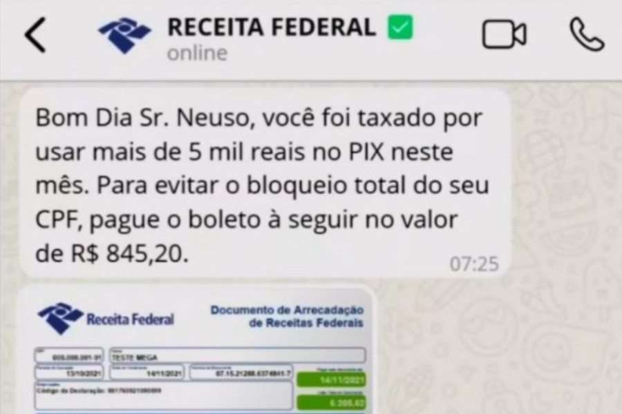 Receita Federal alerta população sobre cuidado com o golpe da cobrança de taxa sobre Pix