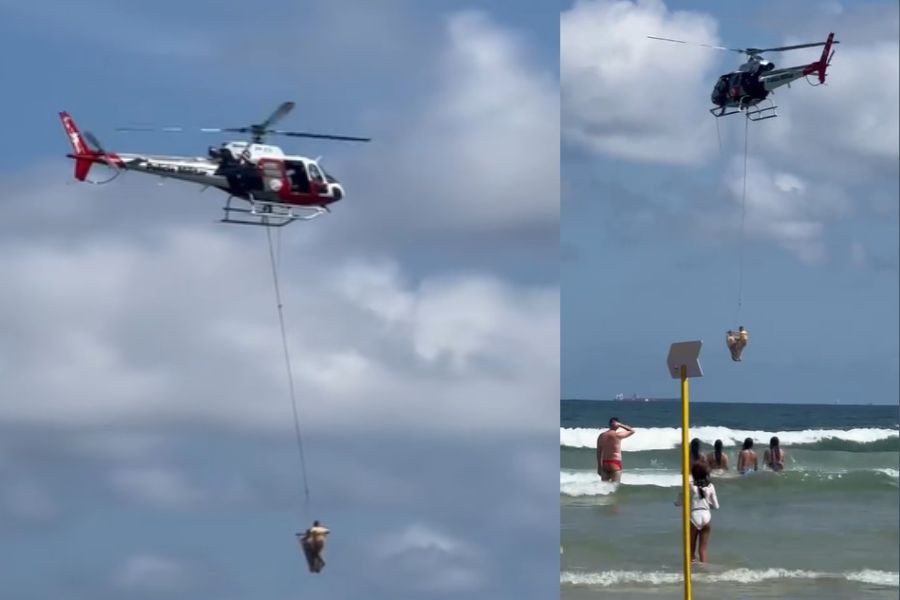 Duas pessoas são resgatadas com apoio de helicóptero em praia de Guarujá