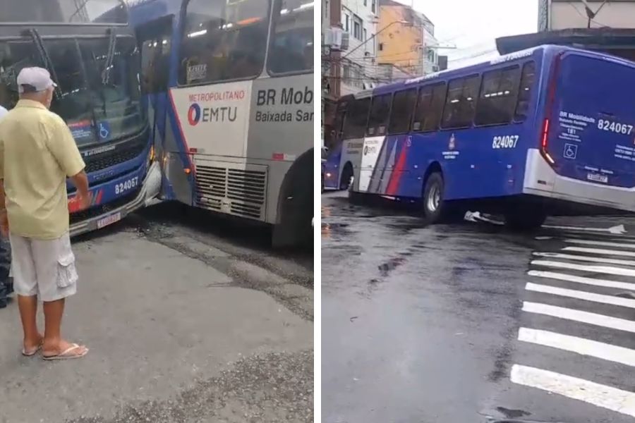 Tampão cede, ônibus afunda e provoca acidente em São Vicente; VÍDEO