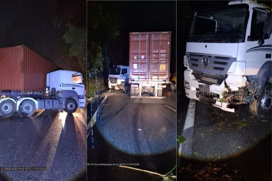 Carreta é atingida por caminhão e fica parada em “L” na Anchieta