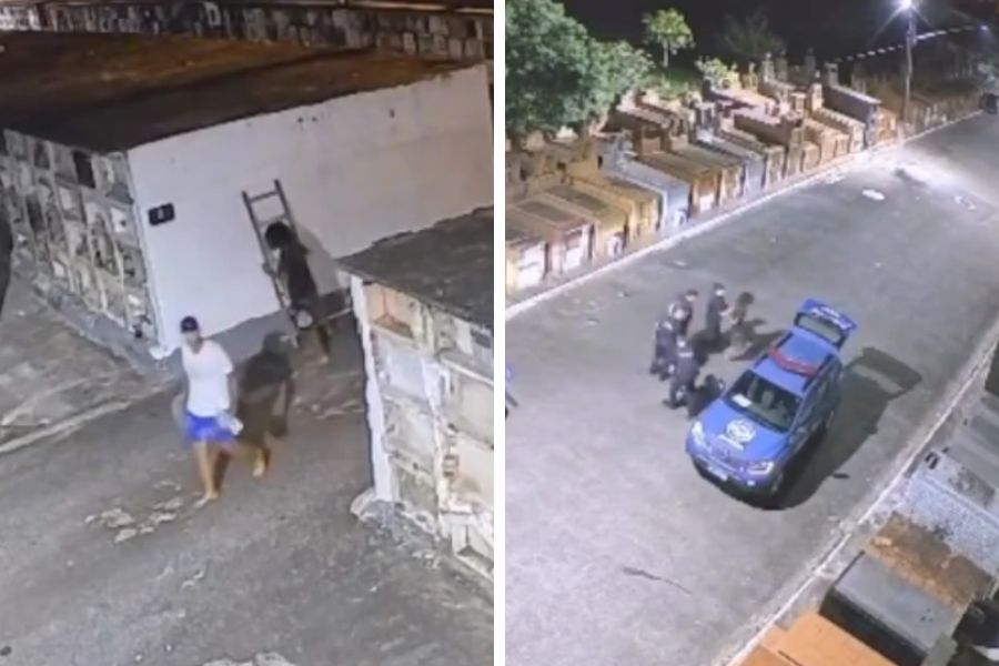 Imagens mostram ação de dupla que foi presa após invadir cemitério em Santos; VÍDEO