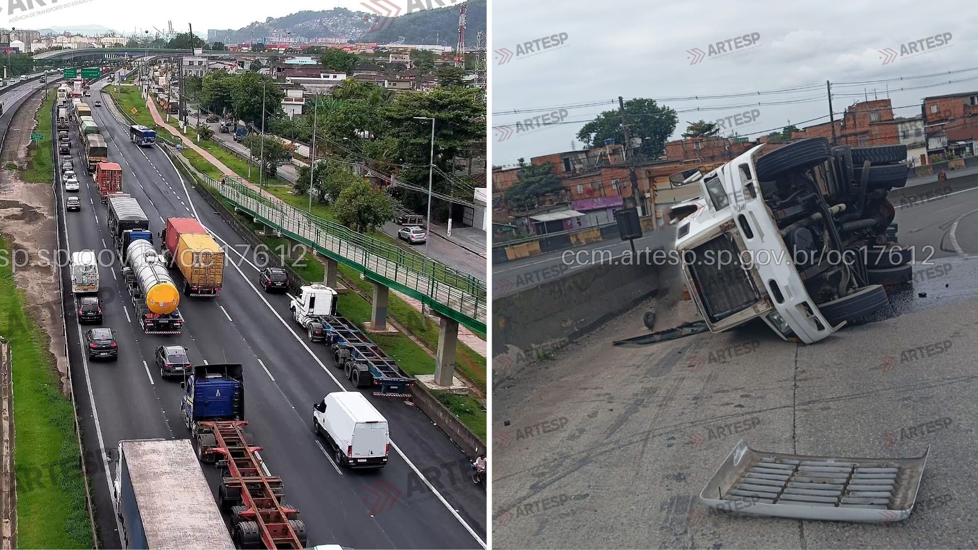 Carreta tomba em alça de acesso e provoca congestionamento na Anchieta, em Santos