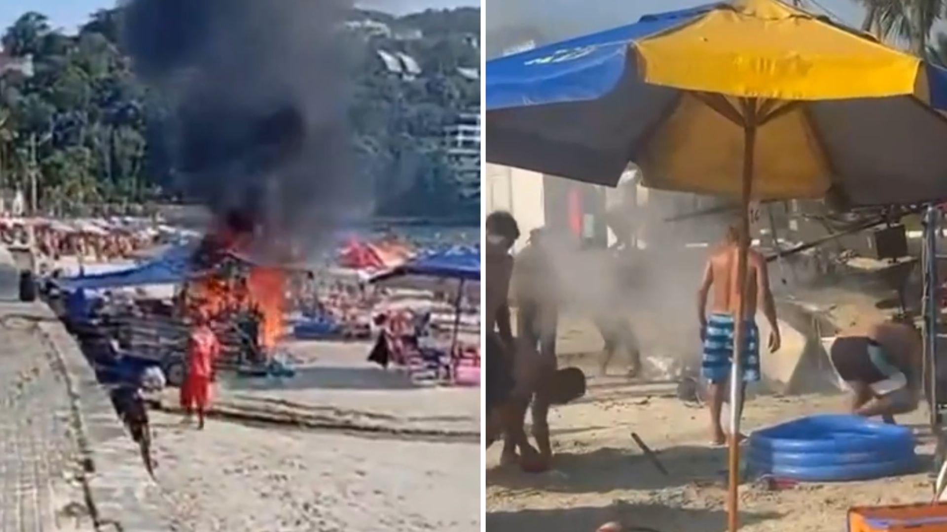 Banhistas usam areia para conter incêndio que destruiu carrinho de frutos do mar em Guarujá; VÍDEO