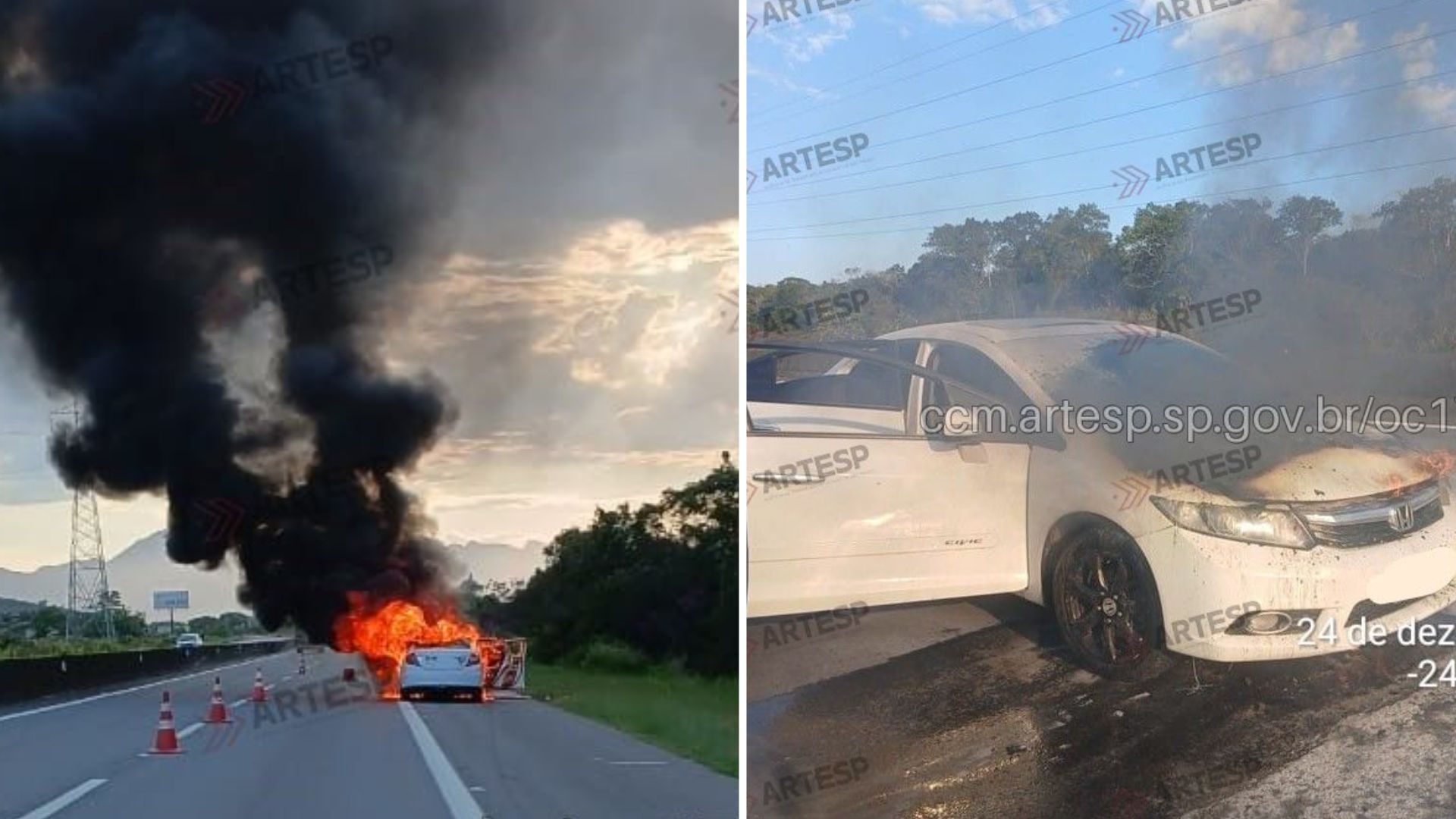 Carro pega fogo após motorista sentir cheiro de queimado na Rodovia Padre Manoel da Nóbrega