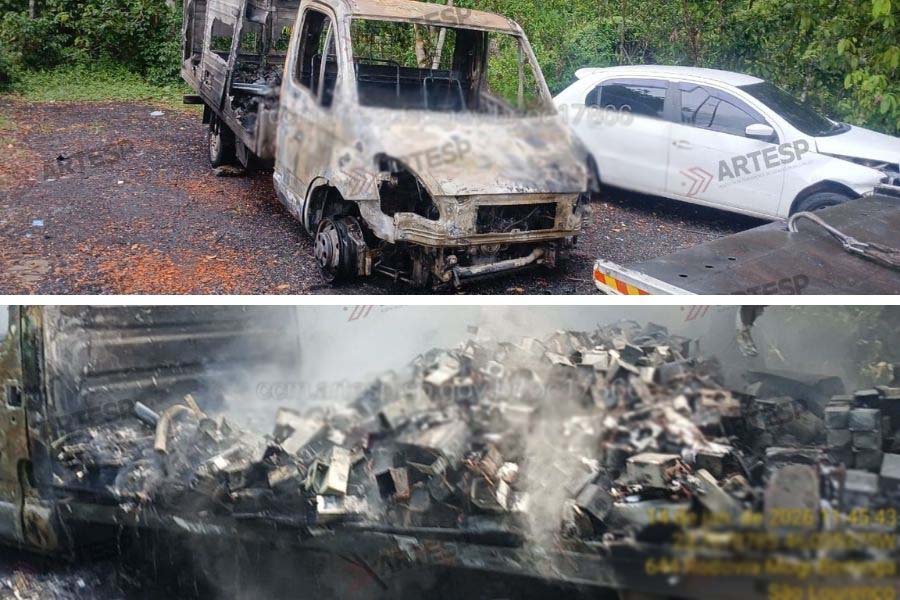 Caminhão pega fogo na Mogi-Bertioga e é consumido pelas chamas no litoral de SP