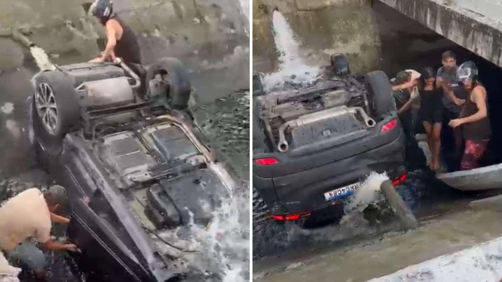 Carro capota, cai no canal e ocupantes são retirados por populares em Santos; VÍDEO