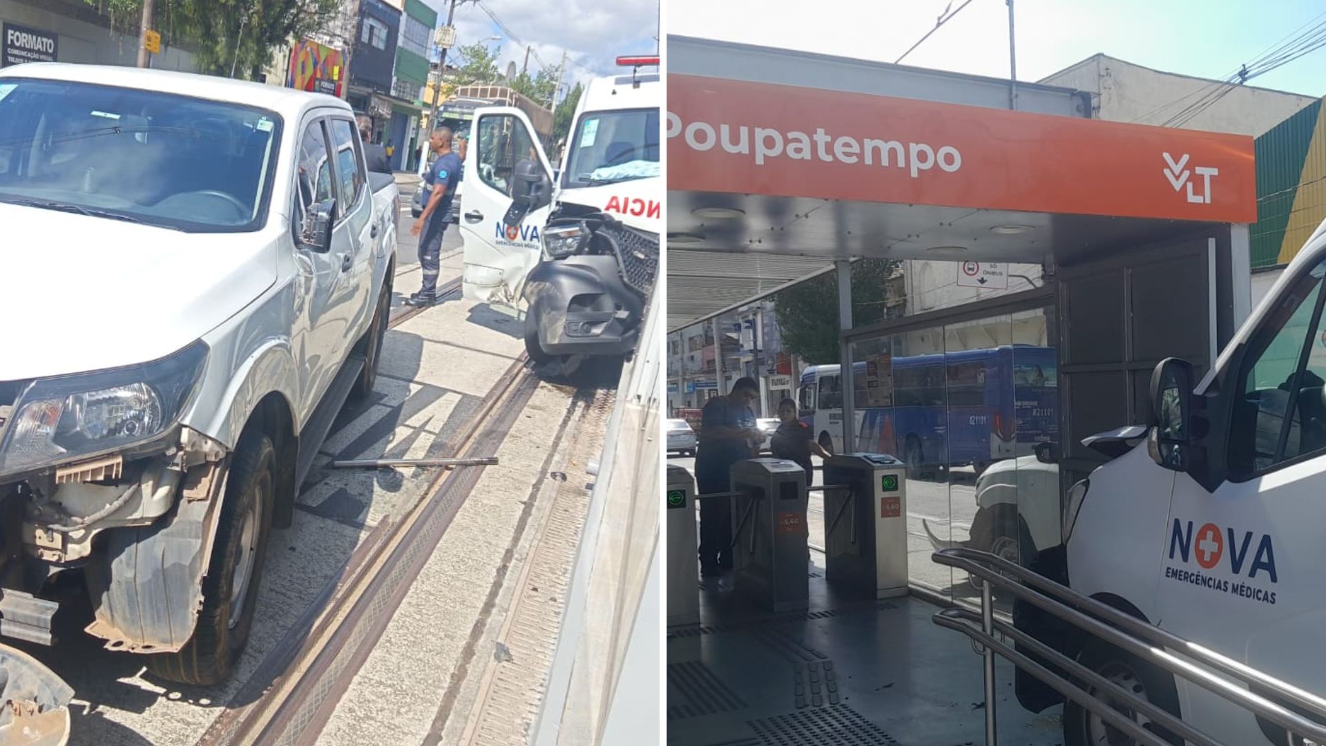 Ambulância colide com caminhonete e atinge parada do VLT em Santos
