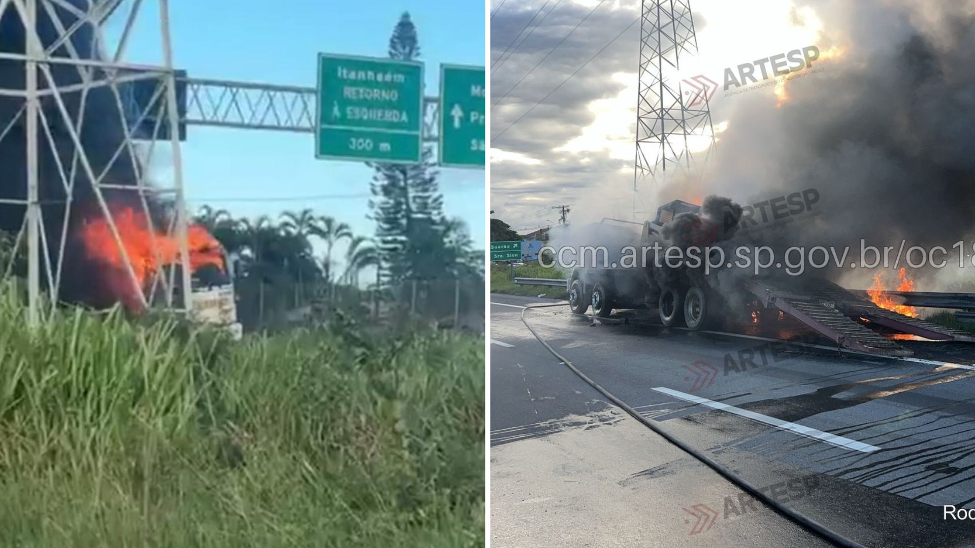 Caminhão-guincho pega fogo na Rodovia Padre Manoel da Nóbrega e provoca interdição total em Itanhaém