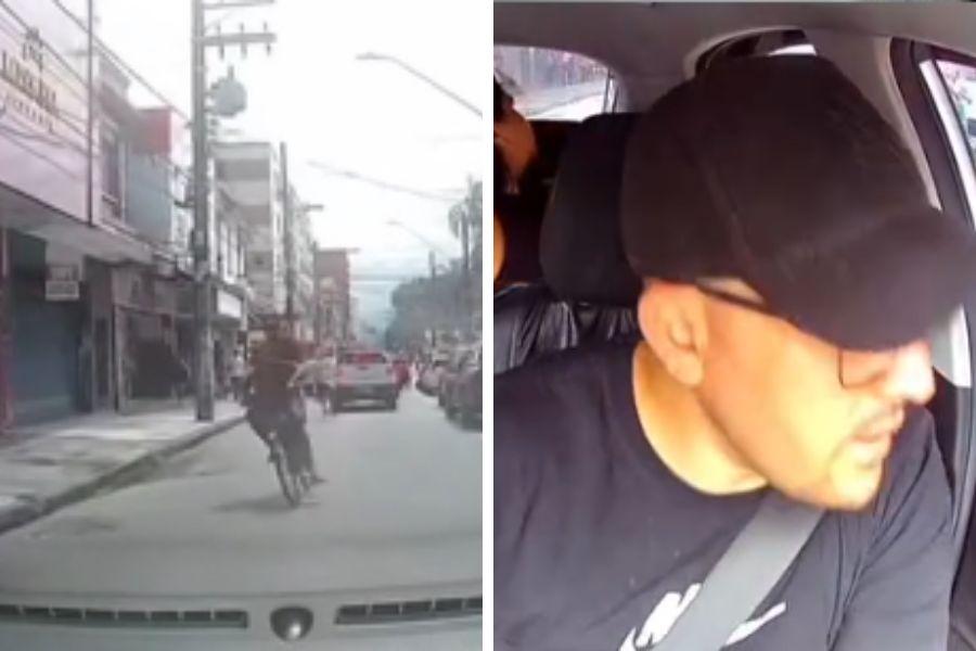 Assalto é flagrado por câmera de motorista de aplicativo no Centro de São Vicente; VÍDEO