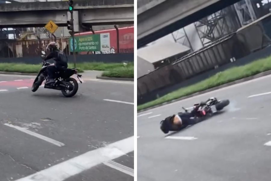 Motociclista perde controle e sofre acidente após passar por buraco na perimetral de Santos; VÍDEO