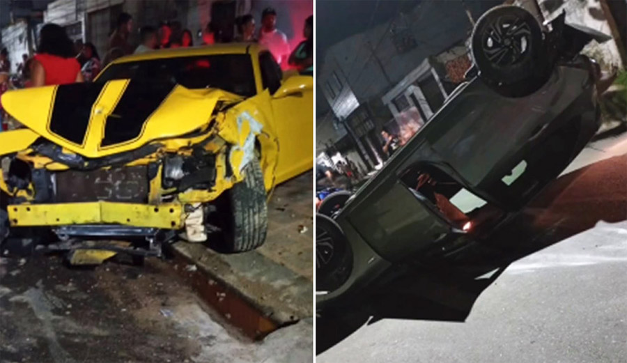 Camaro invade calçada e carro capota após colisão em São Vicente; VÍDEO