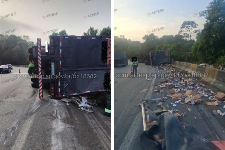 Carreta com carga de molho de tomate tomba e provoca interdição total na Cônego, em Santos