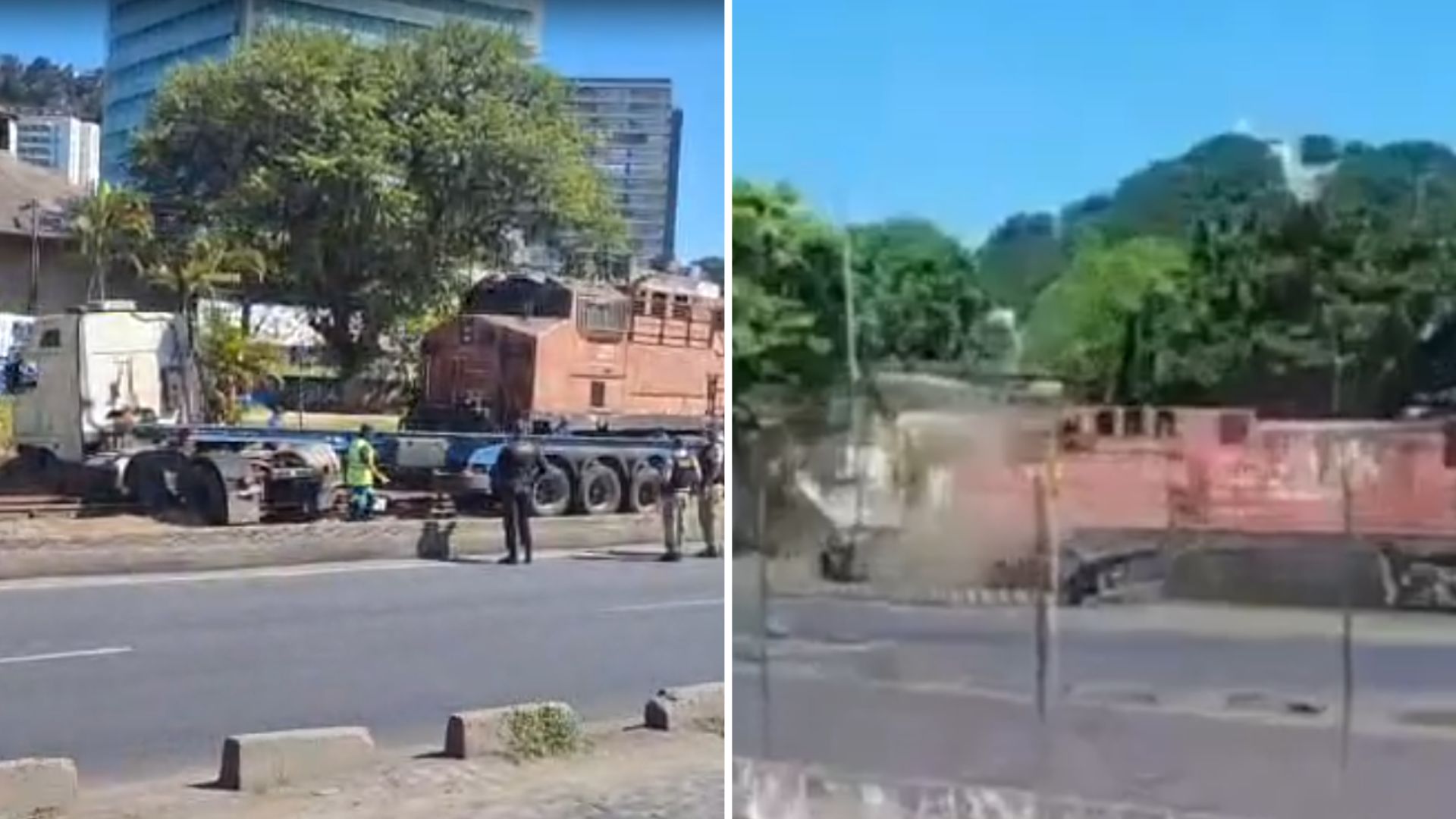 Caminhão é arrastado por trem após tentativa de conversão irregular no Valongo, em Santos; VÍDEO