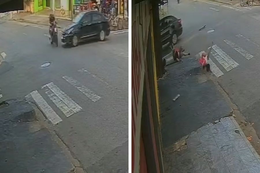 Motociclista e garupa são arremessados após colisão com carro em Guarujá; VÍDEO