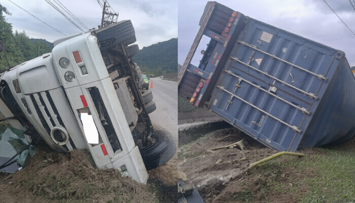 Carreta tomba após colisão com mureta na Cônego Domêncio Rangoni