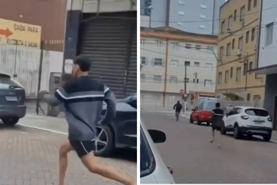 Dupla é flagrada roubando correntinha de ouro e fugindo em seguida em Praia Grande; VÍDEO